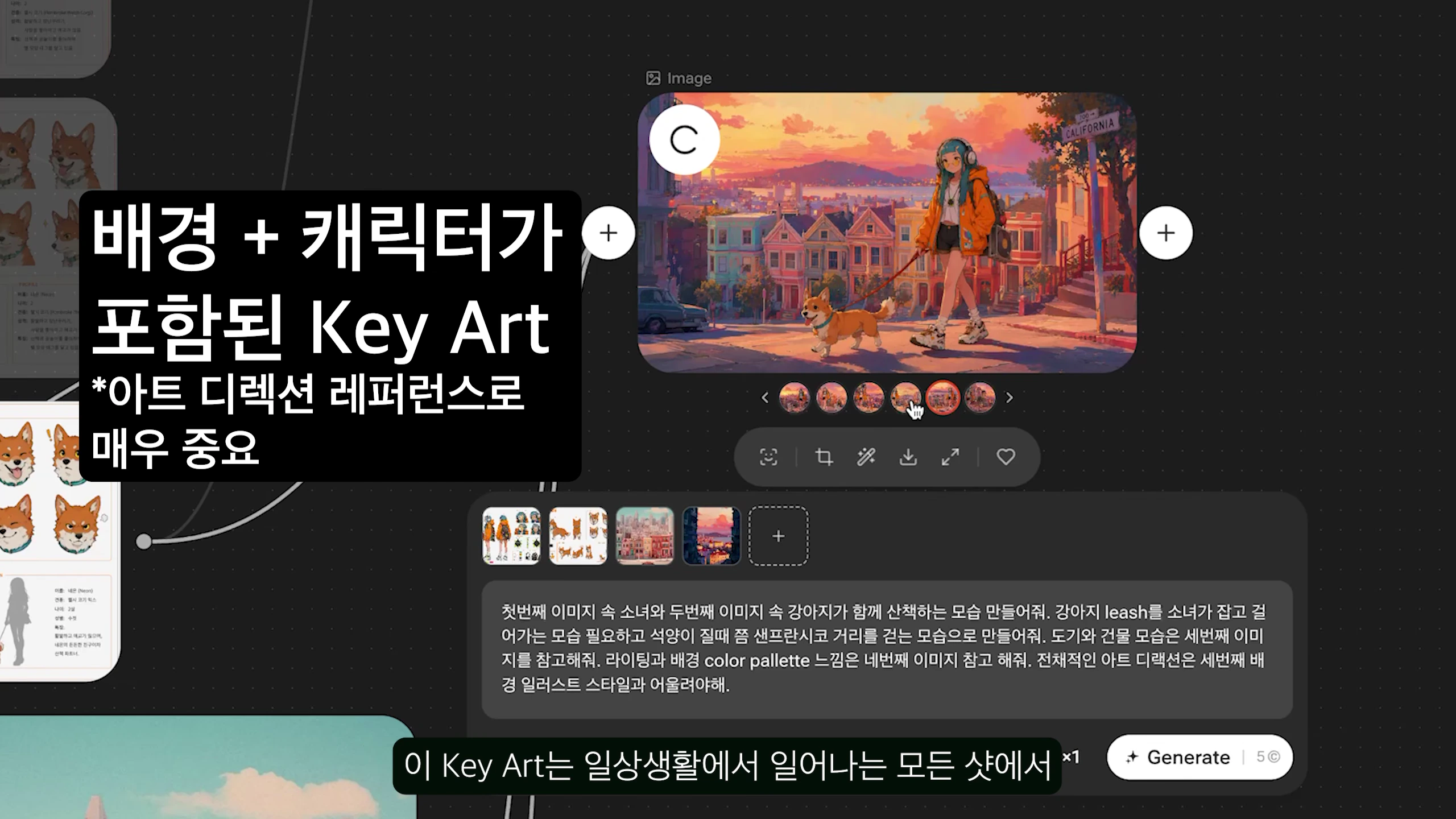 캔버스 화면에 배경과 캐릭터가 포함된 장면을 만드는 AI 생성 도구 인터페이스가 보이며, 프롬프트 입력창과 결과물 이미지가 나열되어 있다.