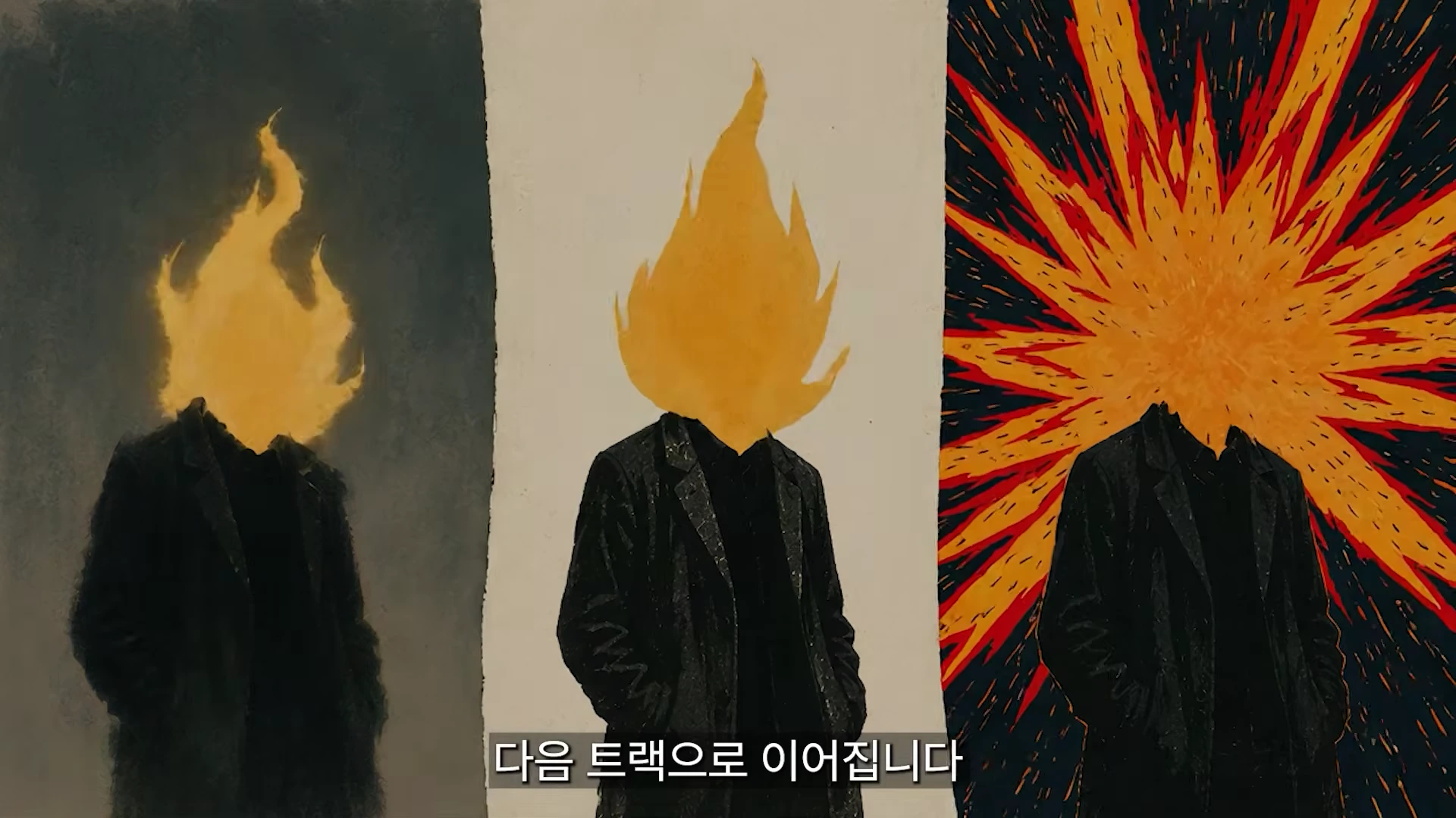 세로로 삼등분된 화면에 검은 코트를 입은 인물들이 서 있고, 머리 부분은 각각 다른 모양의 타오르는 불꽃으로 표현되어 있습니다.