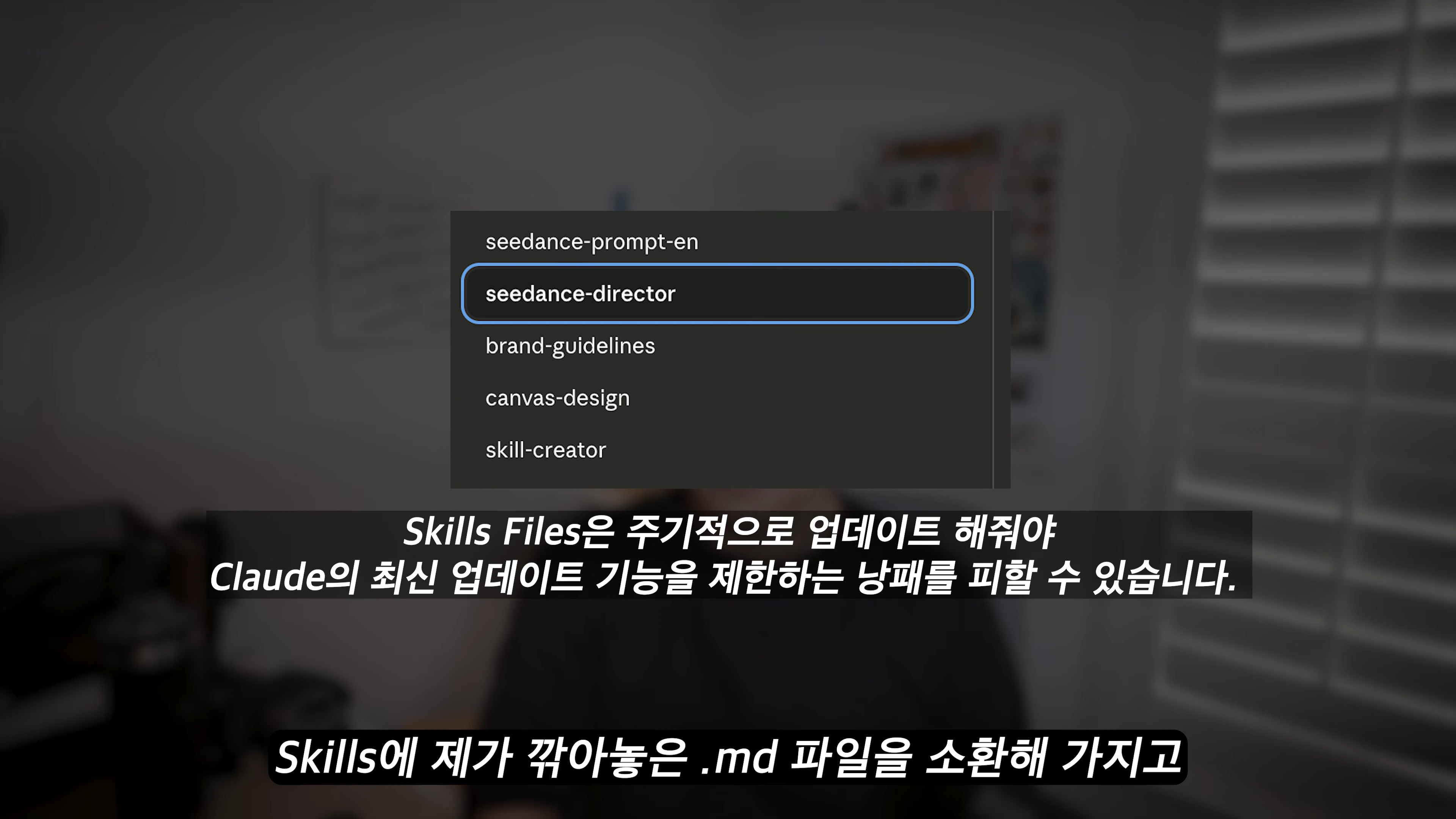 화면 중앙에 seedance-director를 포함한 여러 항목이 나열된 설정 메뉴와 그 하단에 Claude의 Skills 업데이트 및 .md 파일 사용을 설명하는 한국어 자막이 표시된 영상 캡처 화면입니다.