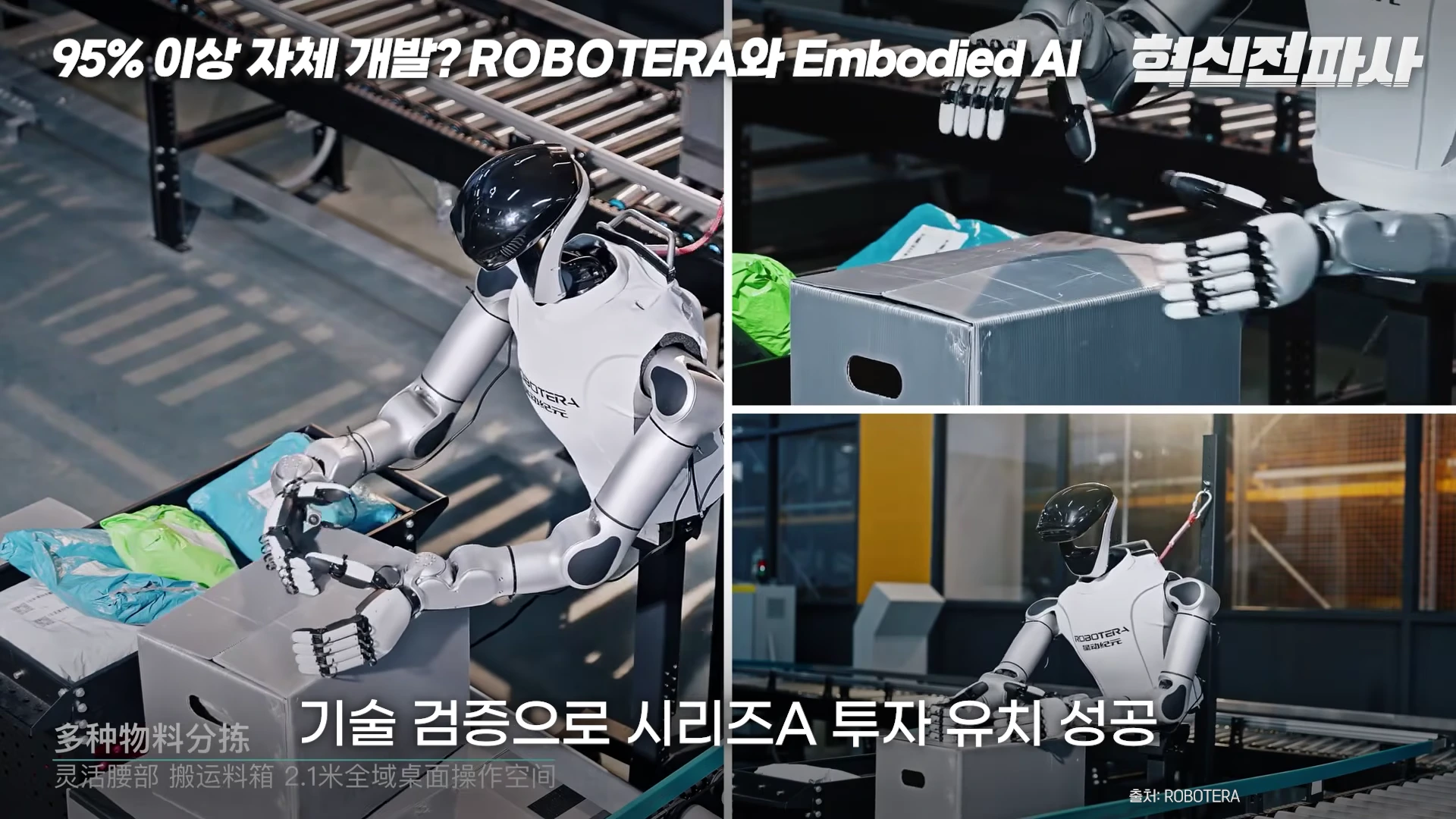산업용 컨베이어 벨트 앞에서 화물 상자를 능숙하게 옮기는 휴머노이드 로봇의 작업 장면이 담긴 3분할 영상 화면.