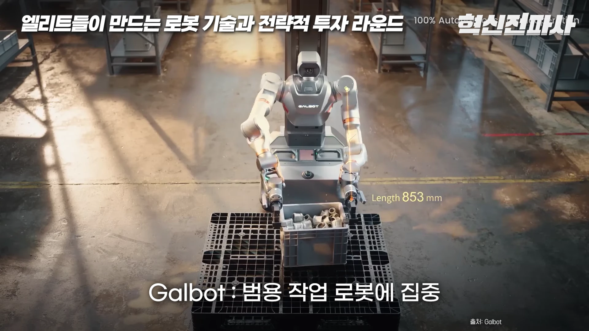 바퀴가 달린 하체에 사람 형태의 상체와 팔을 가진 로봇이 물류 센터 바닥의 팔레트 위에서 상자를 집어 옮기고 있는 모습