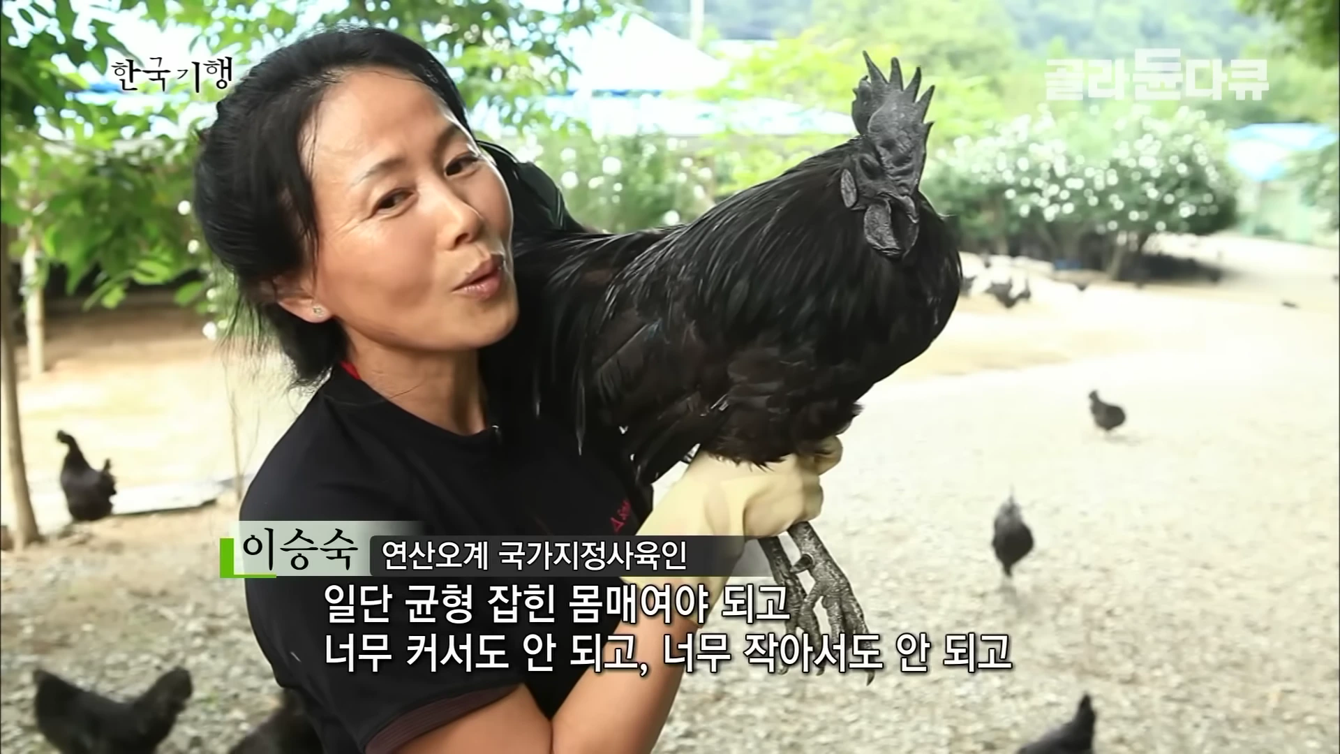 한 여성이 한 손으로 커다란 검은 닭을 안고 있으며, 화면 중앙 하단에는 자막과 함께 사육인의 이름이 표시되어 있다.