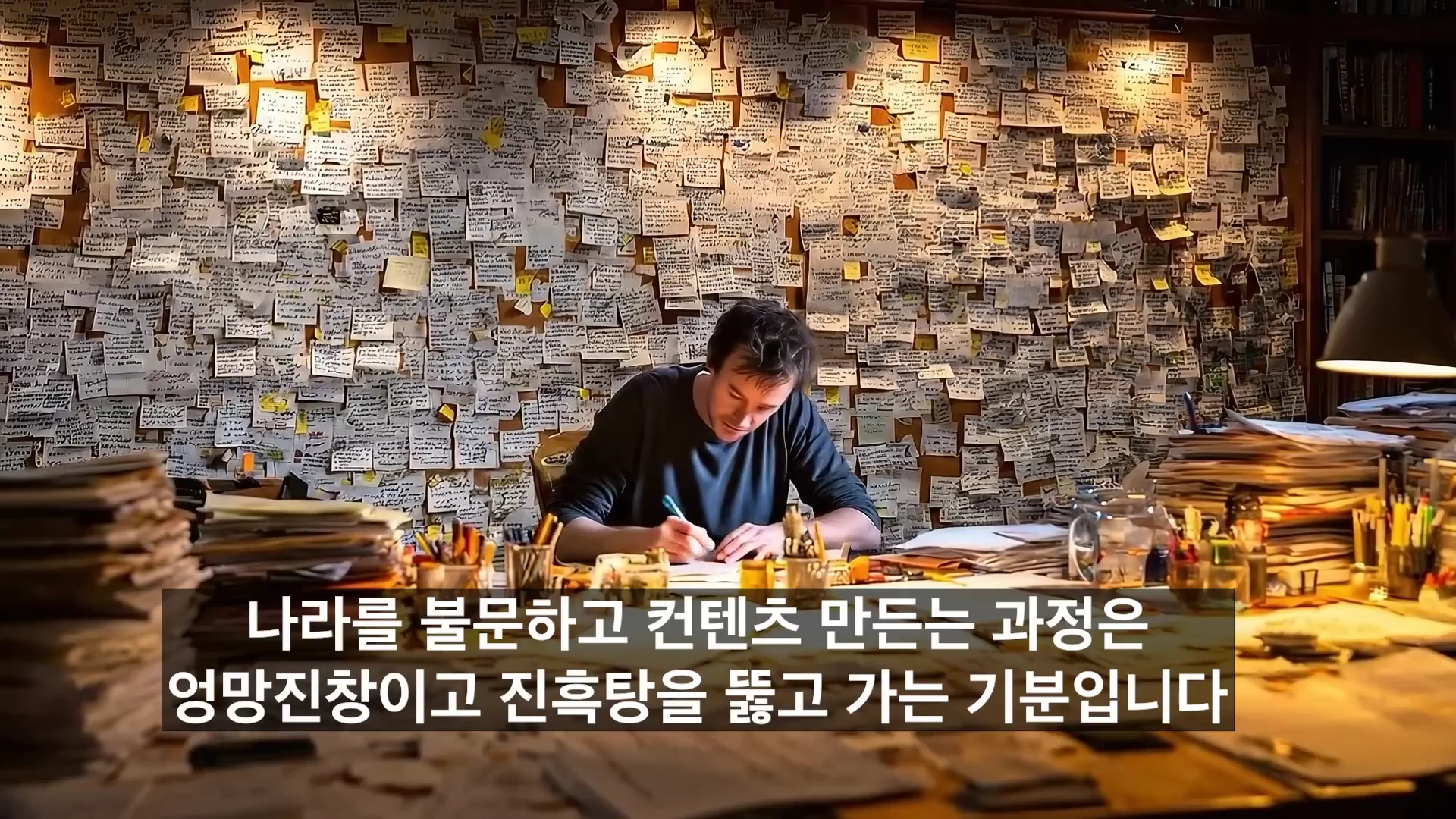 수많은 메모지와 아이디어 쪽지가 벽면 가득 붙어 있는 작업실 책상에 앉아 펜으로 무언가를 적고 있는 남성의 뒷모습을 담은 캡션이 포함된 영상 스틸컷