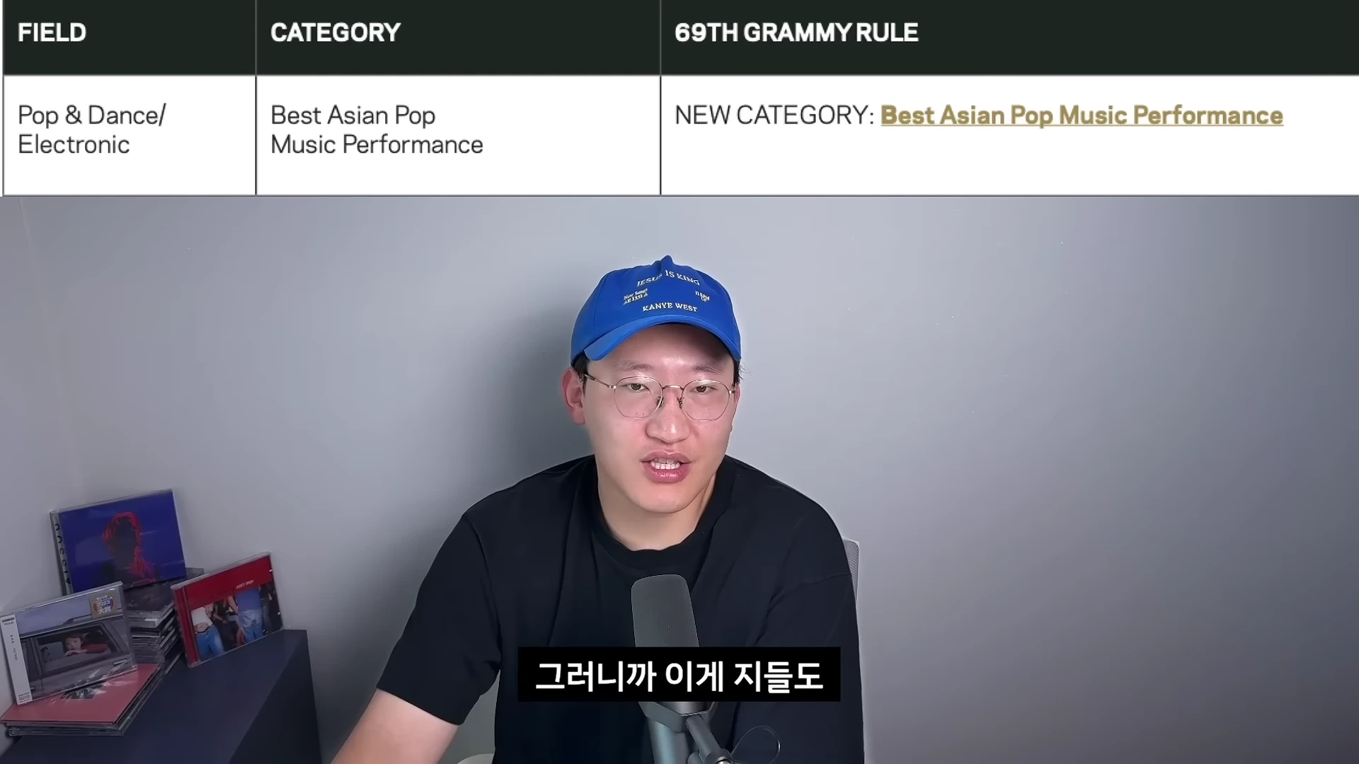 파란색 모자를 쓴 안경 낀 남성이 마이크 앞에서 이야기하고 있으며, 상단에는 'Best Asian Pop Music Performance'라는 카테고리가 적힌 그래미 규칙 표가 합성되어 있다.