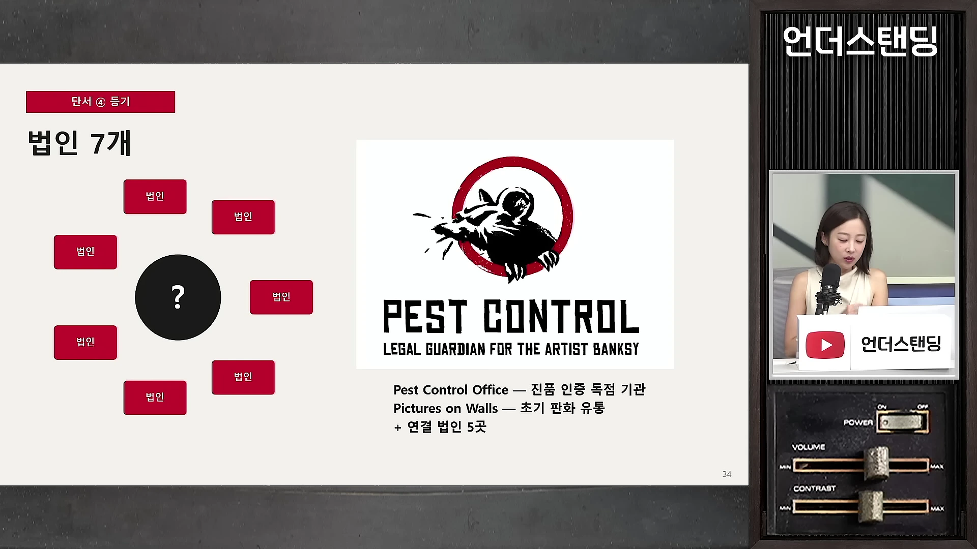 프레젠테이션 화면 왼쪽에는 '법인 7개'라는 제목과 함께 중앙의 물음표 주위로 7개의 법인을 나타내는 빨간색 상자가 배치되어 있고, 오른쪽에는 'Pest Control' 로고와 설명이 적힌 슬라이드가 보이며, 오른쪽 작은 화면에는 발표자가 마이크 앞에 앉아 있는 모습이 담겨 있습니다.