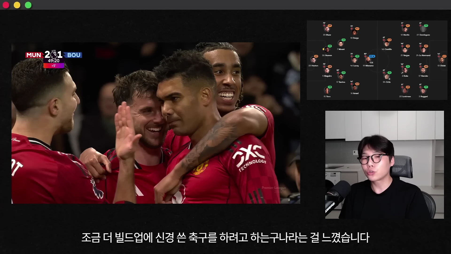 축구 경기 중 골을 넣은 선수들이 기뻐하는 영상 프레임과 경기 전술 포메이션 그래픽, 그리고 마이크 앞에 앉아 설명하는 진행자의 모습이 화면에 분할되어 나타나 있습니다.