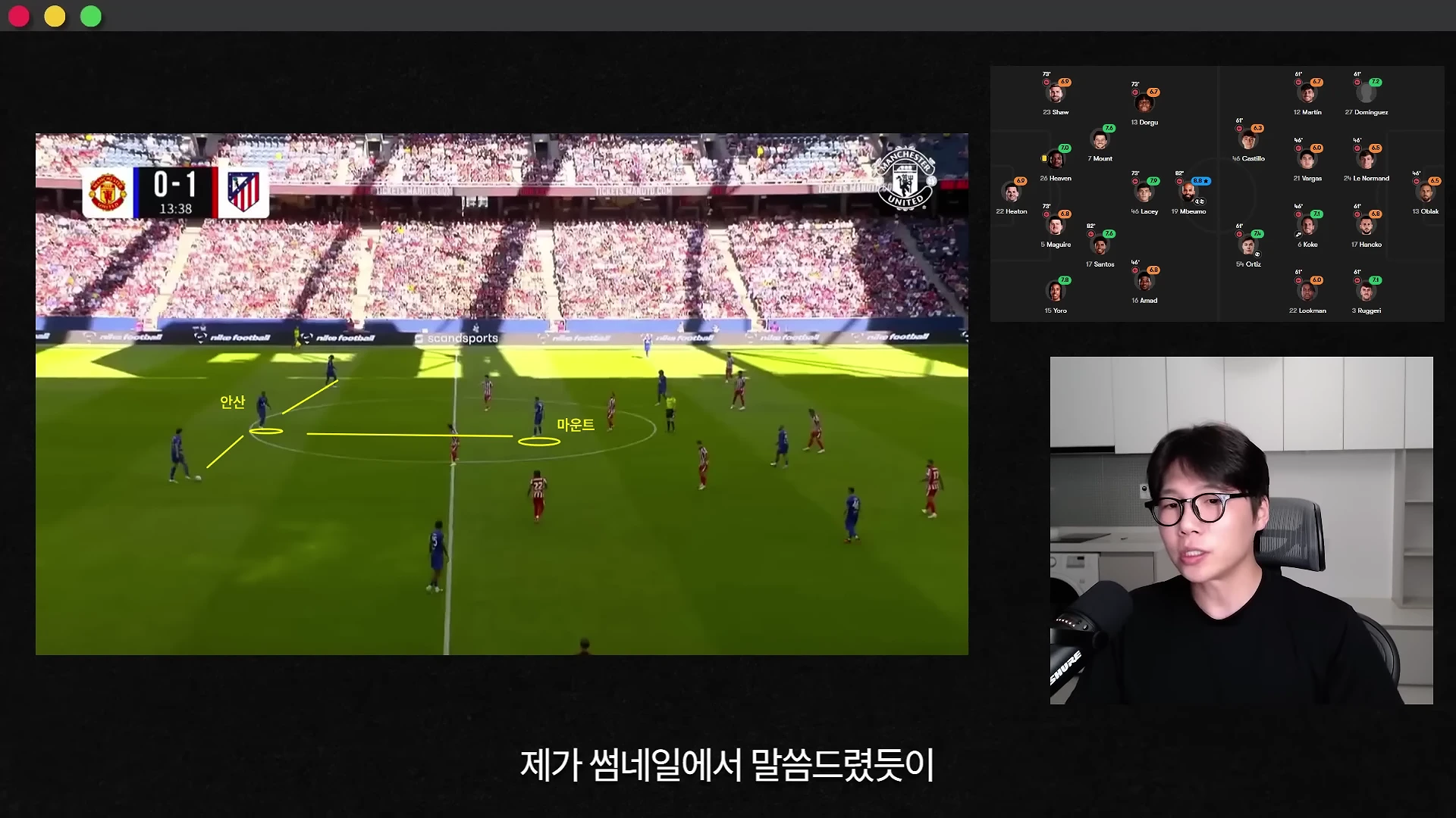 축구 경기 중계 화면을 배경으로 안드레이 산투스와 마운트의 위치를 노란색 화살표와 원으로 표시한 그래픽과, 그 옆에 경기 평점 정보 및 발표자가 등장하는 영상 형태의 화면.
