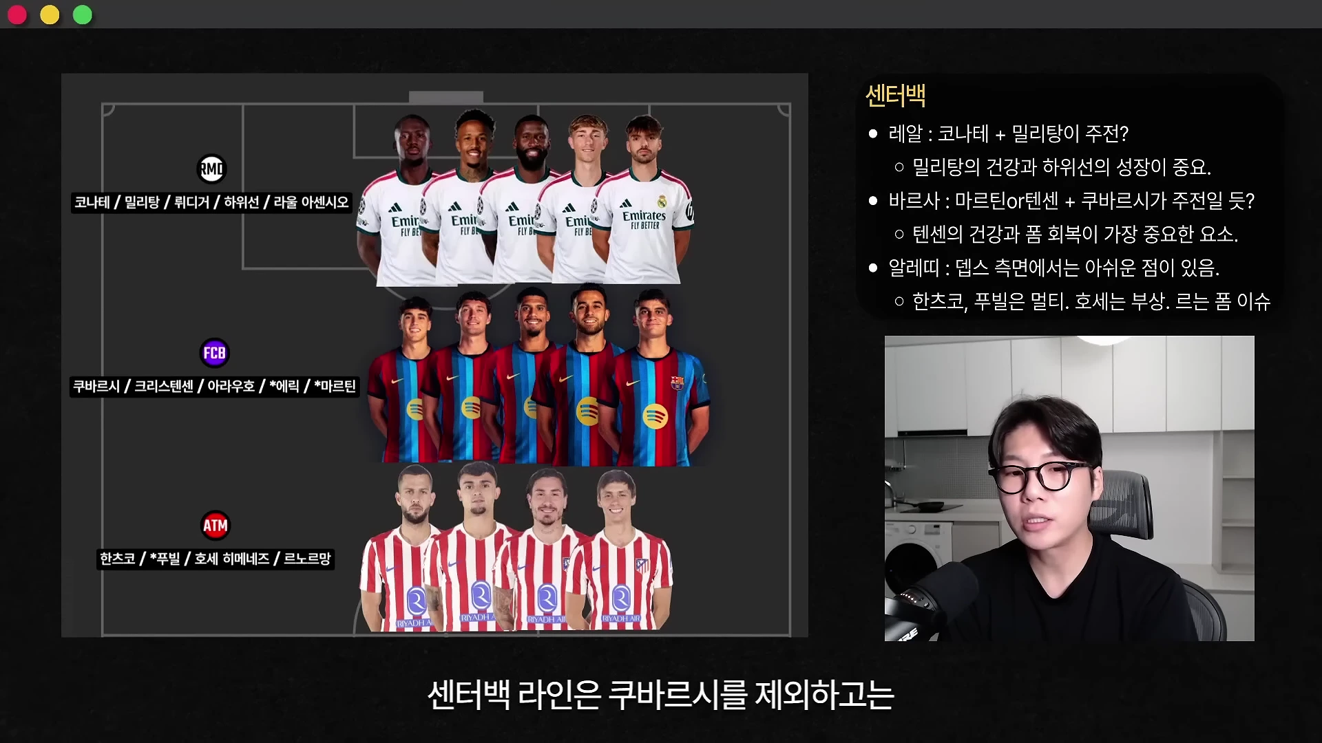 축구 분석 영상의 한 장면으로, 화면 왼쪽에는 레알 마드리드, 바르셀로나, 아틀레티코 마드리드 세 팀의 센터백 명단과 선수 사진이 나열되어 있고, 오른쪽에는 각 팀의 수비진 상태를 요약한 텍스트 상자와 이를 설명하는 발표자의 모습이 보입니다.