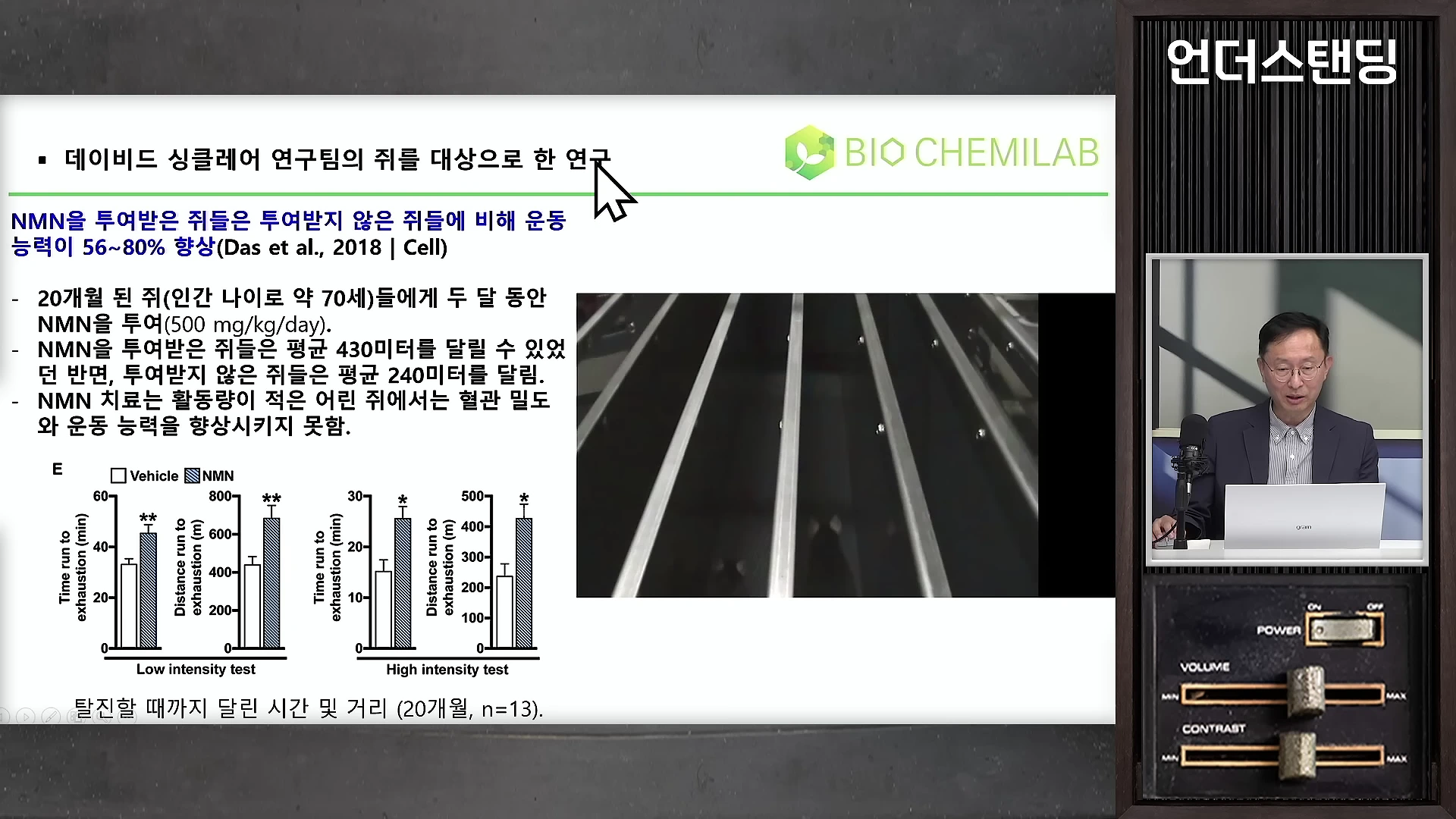 한 남성이 발표 자료 화면 앞에 앉아 있는 모습이 담긴 방송 화면으로, 화면에는 늙은 쥐를 대상으로 한 연구 결과 그래프와 설명이 표시되어 있습니다.