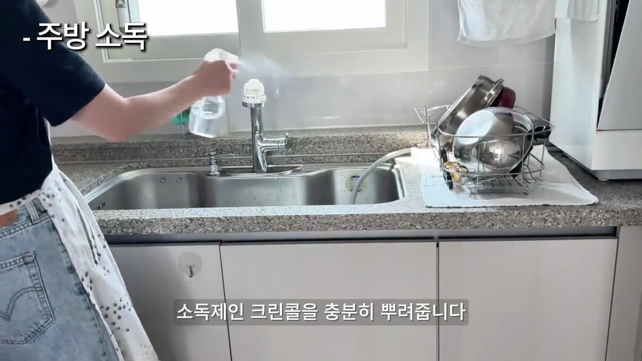 주방 싱크대 앞에서 한 사람이 스프레이 형태의 소독제를 싱크대 주변에 골고루 분사하고 있는 모습.