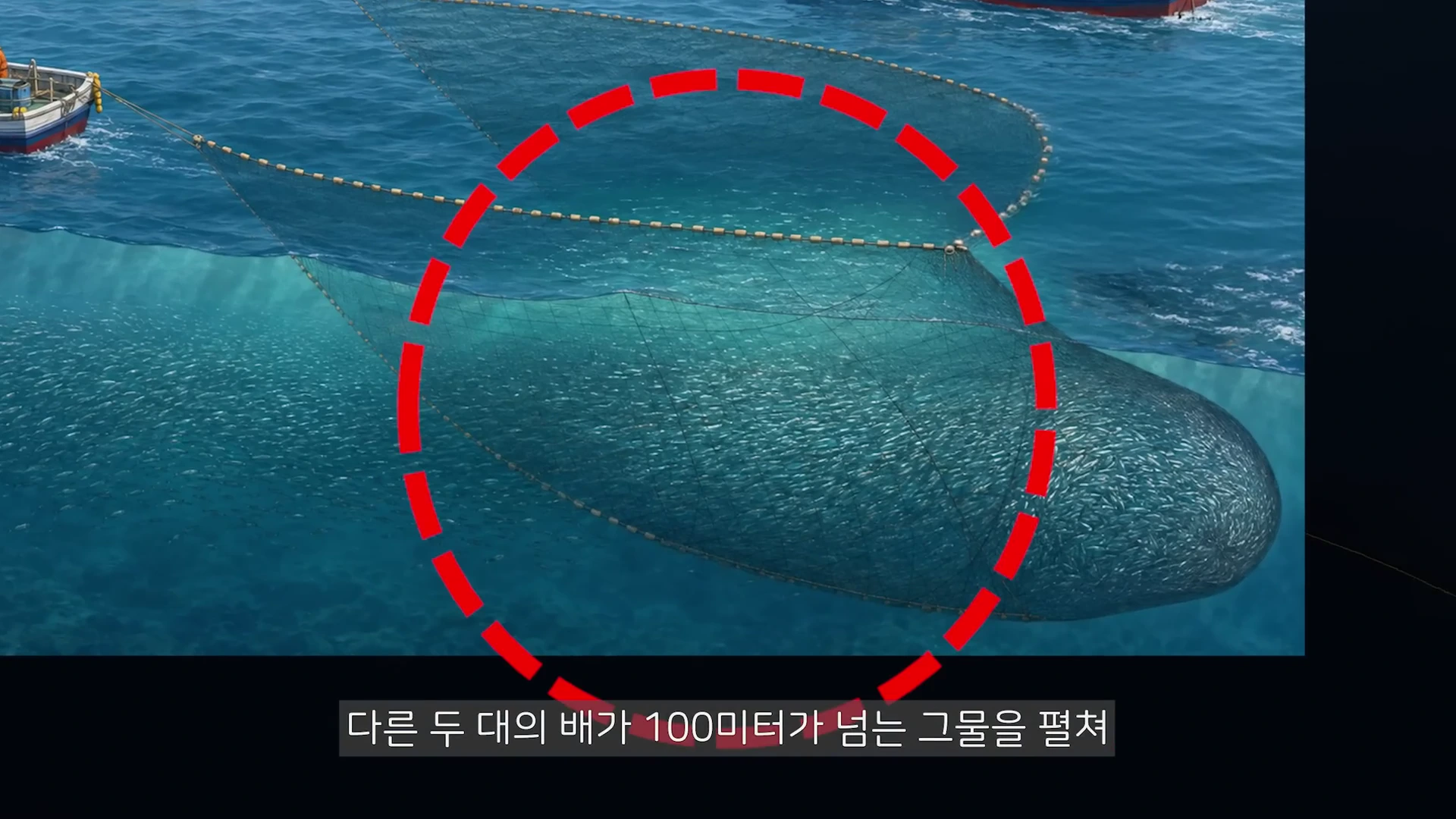 바다 위에서 두 척의 배가 거대한 그물을 사용하여 물고기 떼를 감싸고 있는 모습을 보여주는 그래픽 화면으로, 중앙에 빨간색 점선 원이 표시되어 있습니다.
