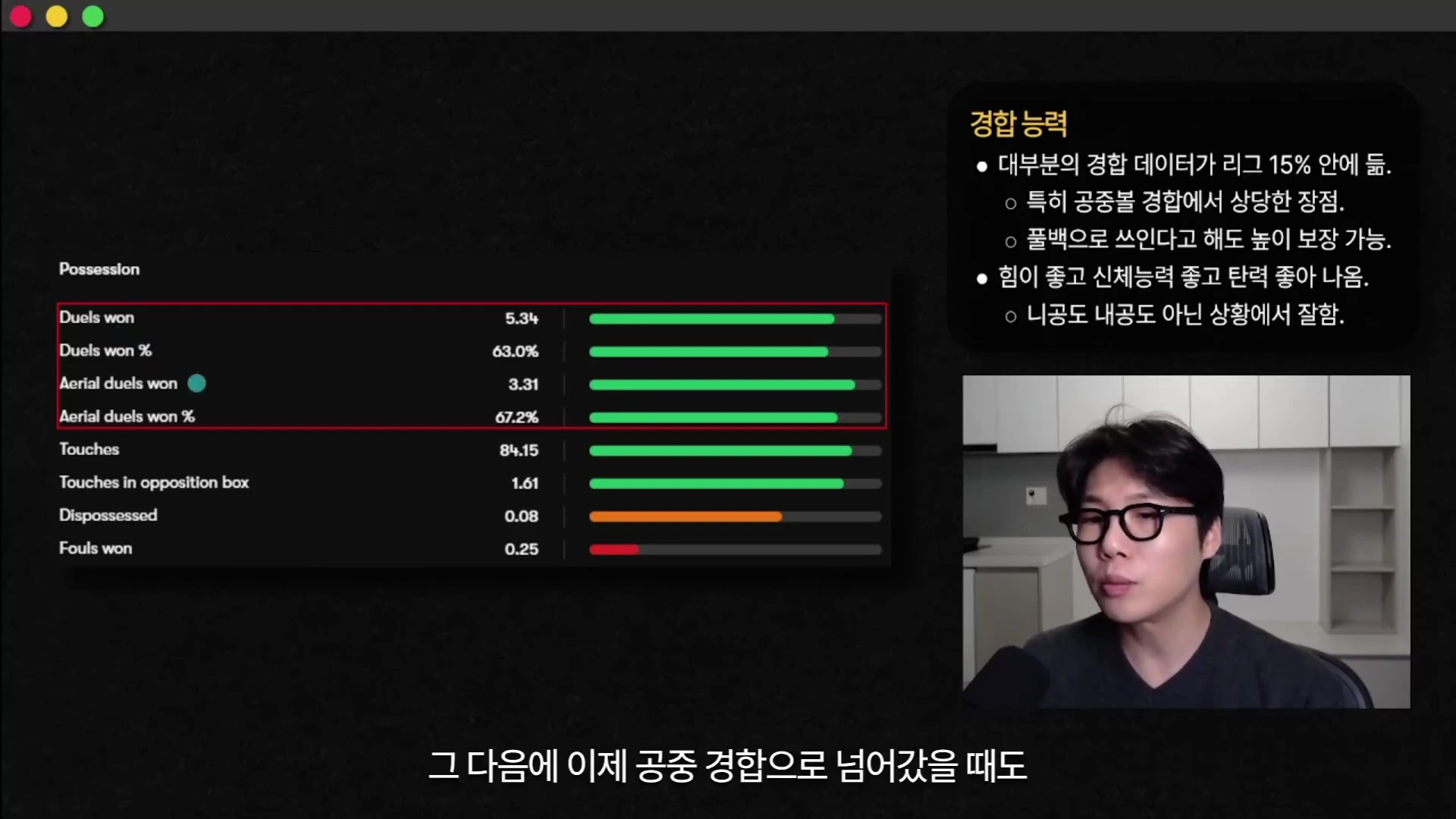 안경을 쓴 남성이 카메라를 보며 설명하고 있고, 왼쪽에는 경합 능력과 공중볼 승률 등의 수치가 담긴 데이터 그래프가, 오른쪽 위에는 관련 요약 텍스트가 표시된 화면.