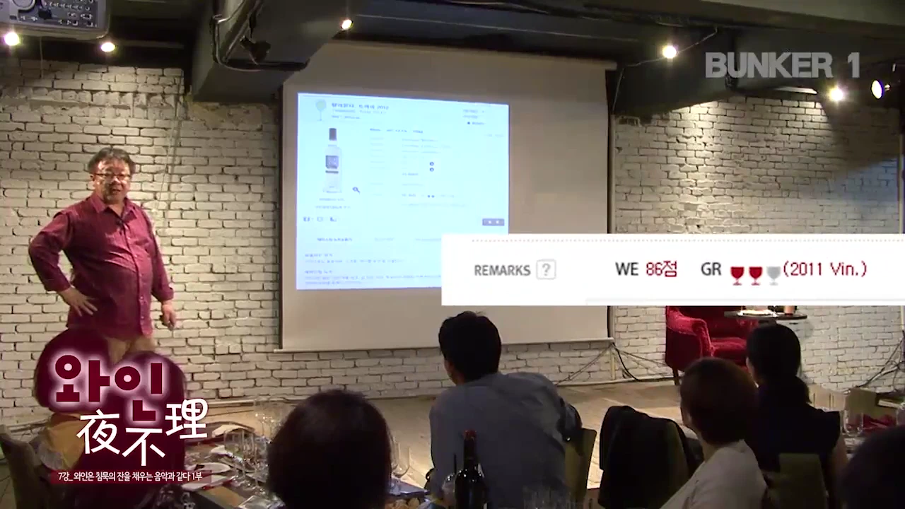 강단에서 와인에 대해 설명하는 발표자와 스크린에 띄워진 이탈리아 와인 정보가 보이는 강연 현장. 스크린 확대 화면에는 'REMARKS', 'WE 86점', 'GR'과 와인잔 아이콘이 표시되어 있음.