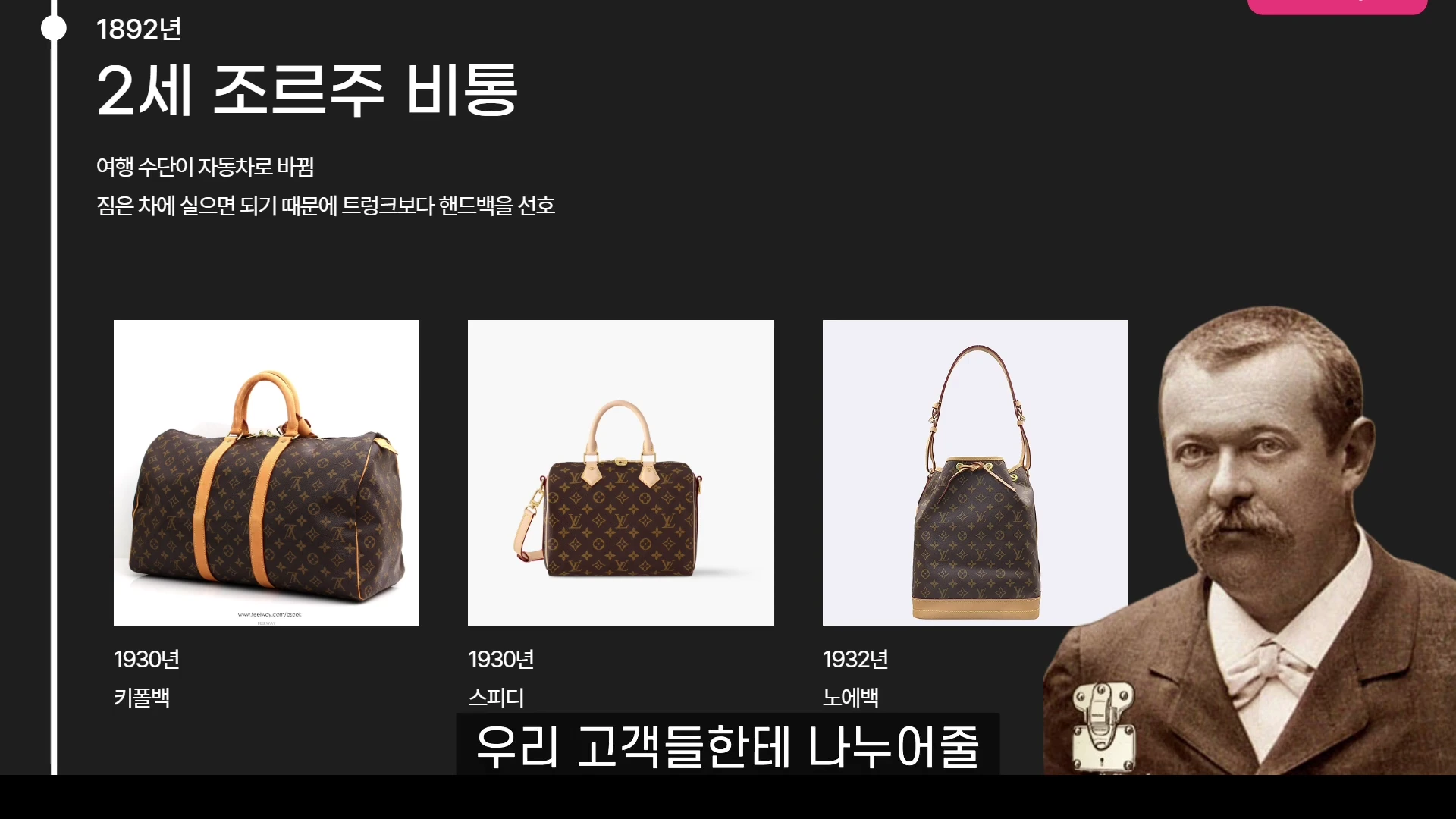 조르주 비통의 흑백 사진과 1930년대부터 출시된 루이비통의 대표 가방 세 종류(키폴백, 스피디, 노에백)가 나열된 교육용 슬라이드 화면