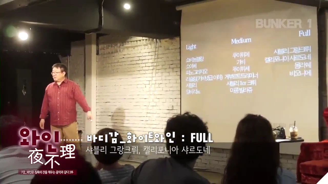 강의실 앞에서 발표자가 와인 바디감 분류가 적힌 스크린 옆에 서 있고, 청중들이 앉아 있는 모습.