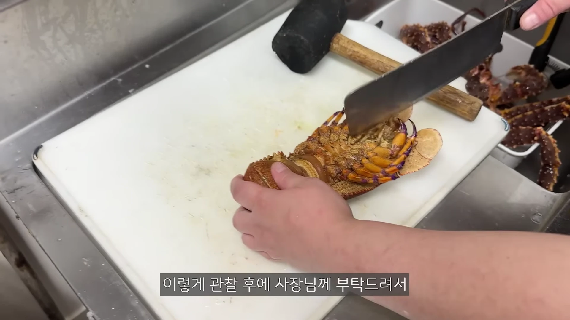 흰색 도마 위에 놓인 매미새우를 칼을 든 손이 가르고 있는 모습