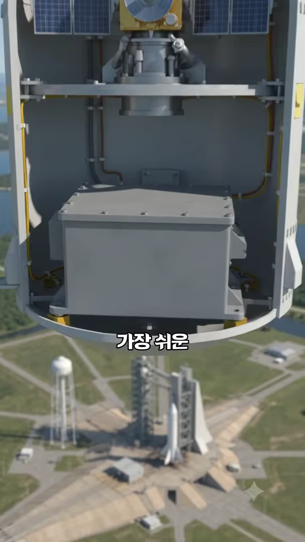 로켓의 내부 구조가 단면으로 보이는 그래픽 이미지로, 상단에는 위성 장비가 자리 잡고 있고 배경 아래쪽에는 발사대와 로켓의 전체적인 모습이 희미하게 표현되어 있습니다.
