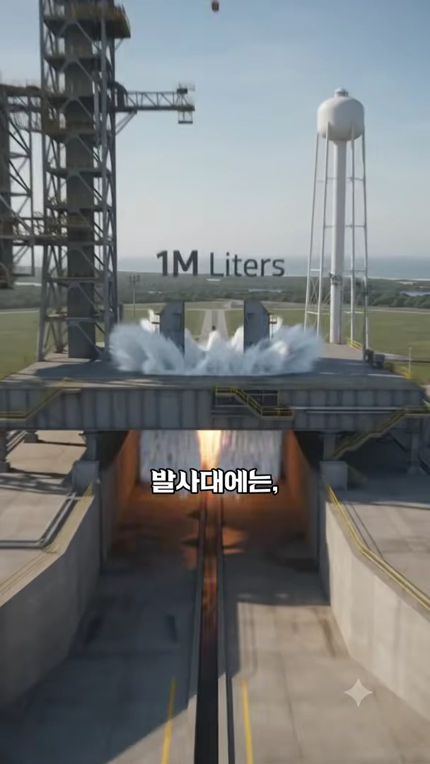로켓 발사대 바닥에서 거대한 물기둥이 솟구치고 있는 모습과 함께 1M Liters라는 문구가 중앙에 표시된 장면입니다.