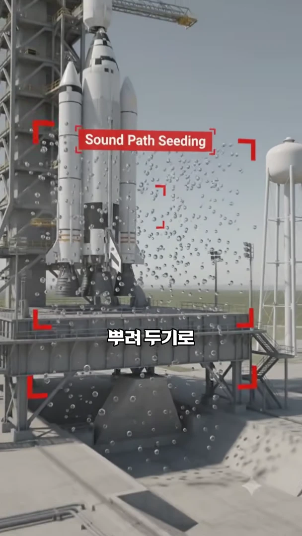 로켓 발사대 주변으로 수많은 물방울이 분사되는 모습을 보여주는 그래픽 영상으로, 'Sound Path Seeding'이라는 문구와 '뿌려 두기로'라는 자막이 표시되어 있습니다.