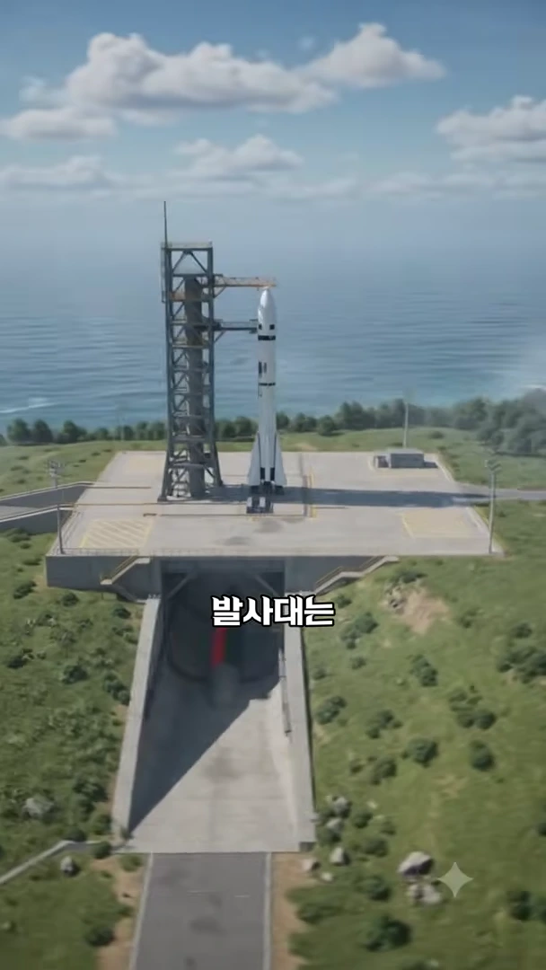 바닷가 언덕 위에 세워진 로켓 발사대와 로켓의 모습을 공중에서 내려다본 그래픽 영상.