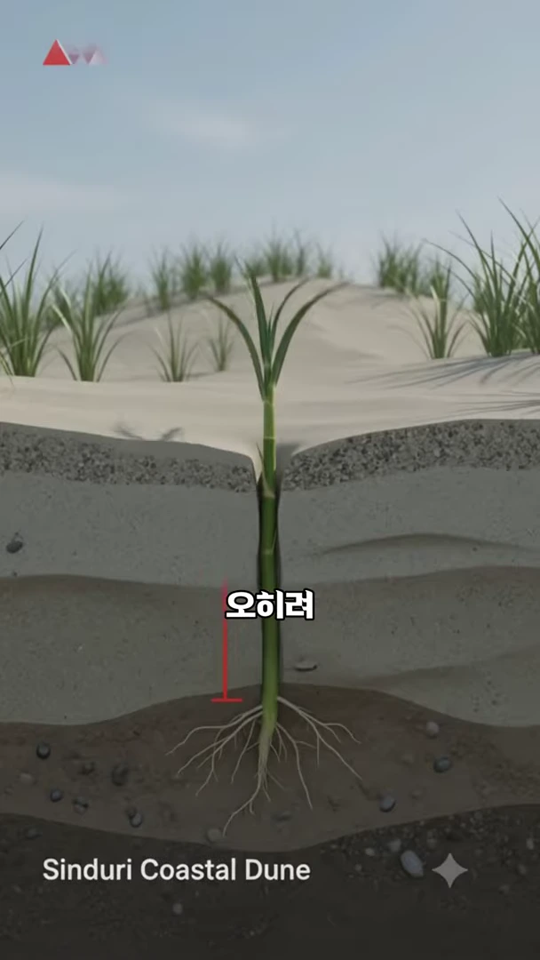 모래 언덕 단면을 보여주는 그래픽으로, 모래 위로 솟아 있는 풀과 땅속 깊이 뻗어 있는 뿌리 구조가 그려져 있습니다.