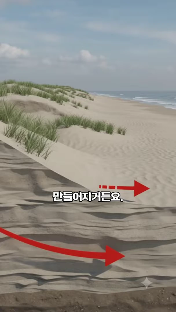 바닷가에 풀이 자라 있는 모래언덕이 펼쳐져 있고, 화면 위에 빨간색 화살표와 텍스트가 겹쳐져 있는 그래픽 영상 장면입니다.