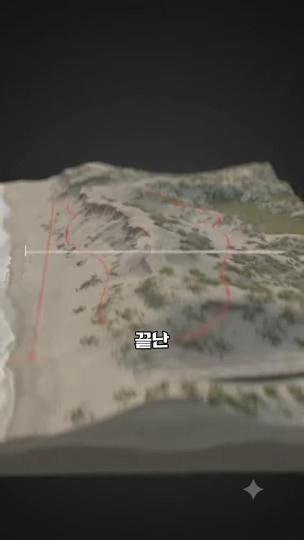 신두리 해안사구의 지형을 위에서 내려다본 3D 그래픽으로, 해변과 모래언덕의 경계가 붉은 선으로 표시되어 있으며 화면 중앙에 '끝난'이라는 한국어 자막이 적혀 있습니다.