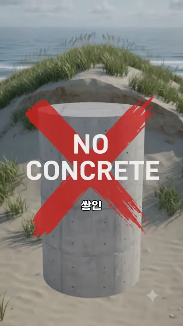 신두리 해안사구 배경 위에 콘크리트 기둥이 서 있고, 그 위에 빨간색 X 표시와 'NO CONCRETE'라는 문구, 그리고 '쌓인'이라는 한글 자막이 겹쳐져 있는 그래픽 화면입니다.