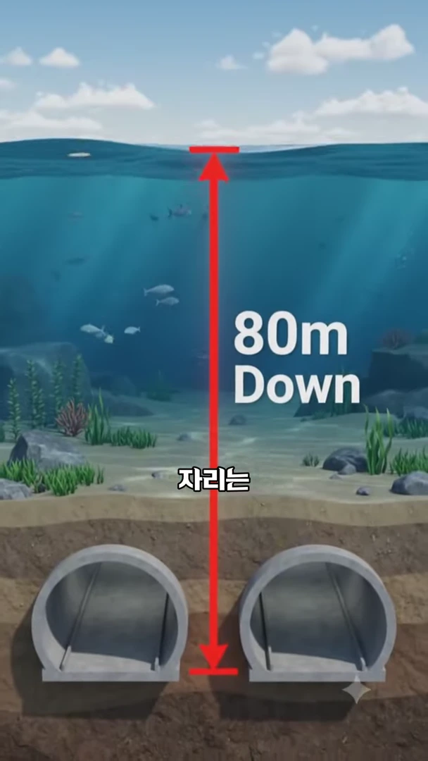 바다 수면 아래 80m 지점에 두 개의 터널이 나란히 자리 잡은 모습을 보여주는 3D 단면 그래픽입니다.