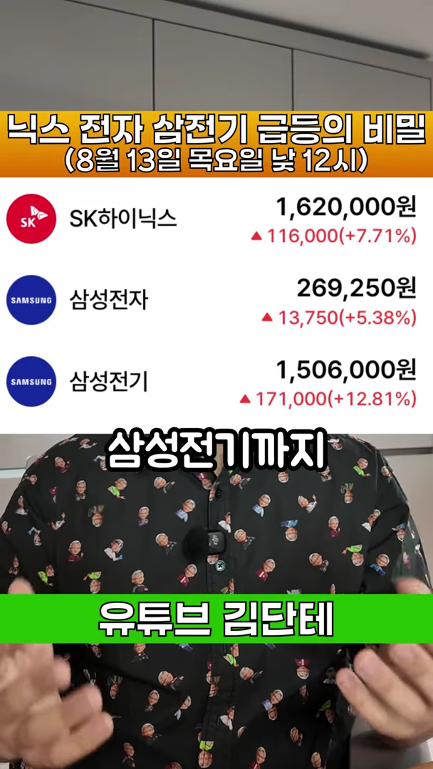 주식 종목들의 상승률이 표시된 화면을 배경으로 한 사람이 상체를 보이며 말하고 있는 모습의 영상 캡처 화면