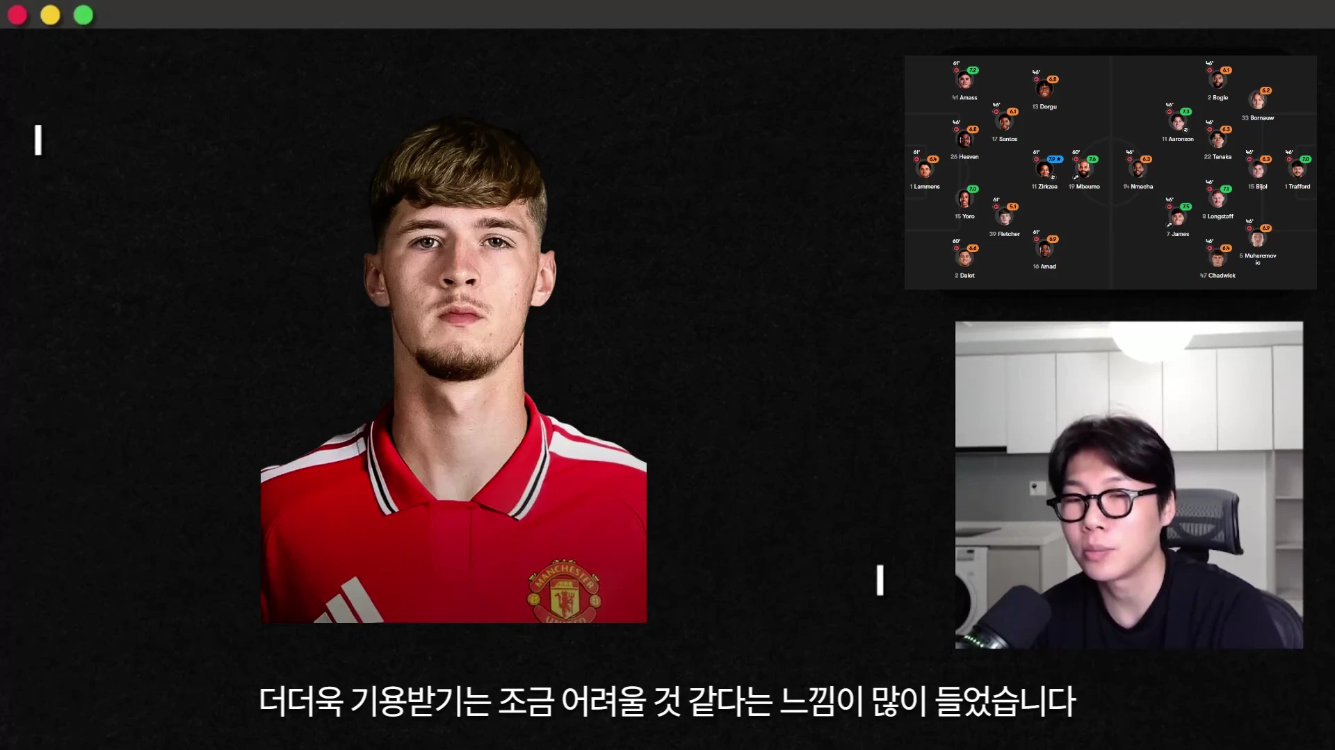 맨체스터 유나이티드 유니폼을 입은 젊은 남성의 사진이 화면 왼쪽에 있고, 오른쪽 위에는 경기 포메이션 그래픽이, 오른쪽 아래에는 안경을 쓴 남성이 마이크 앞에서 이야기하는 모습이 담긴 화면입니다.
