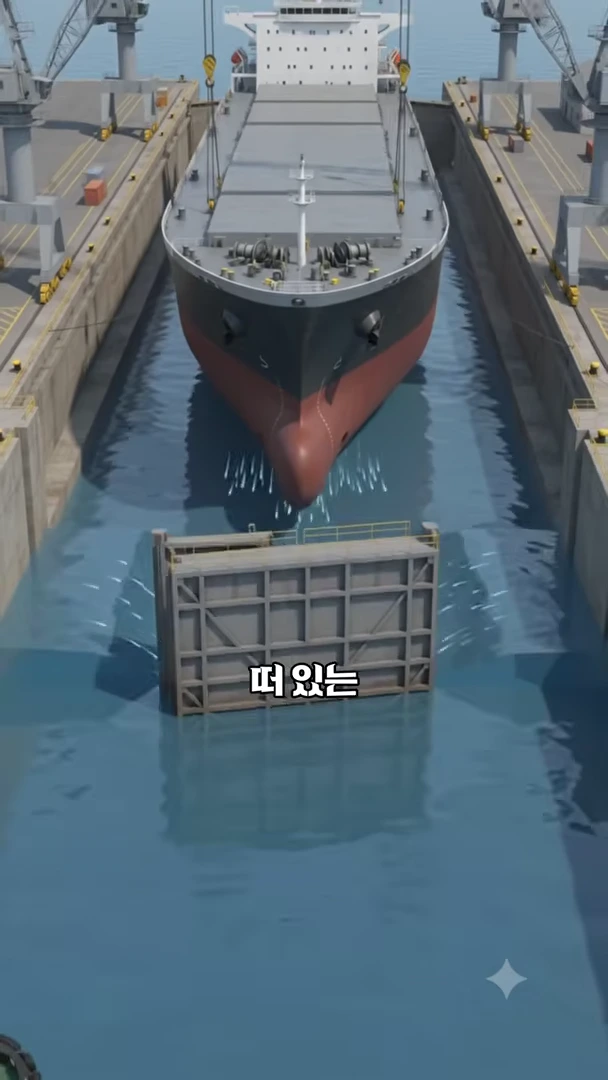 조선소 도크 안에서 물이 가득 차오른 가운데 거대한 선박이 떠 있고, 그 앞쪽으로 굳게 닫힌 철제 도크 게이트가 보이는 3D 그래픽 이미지.