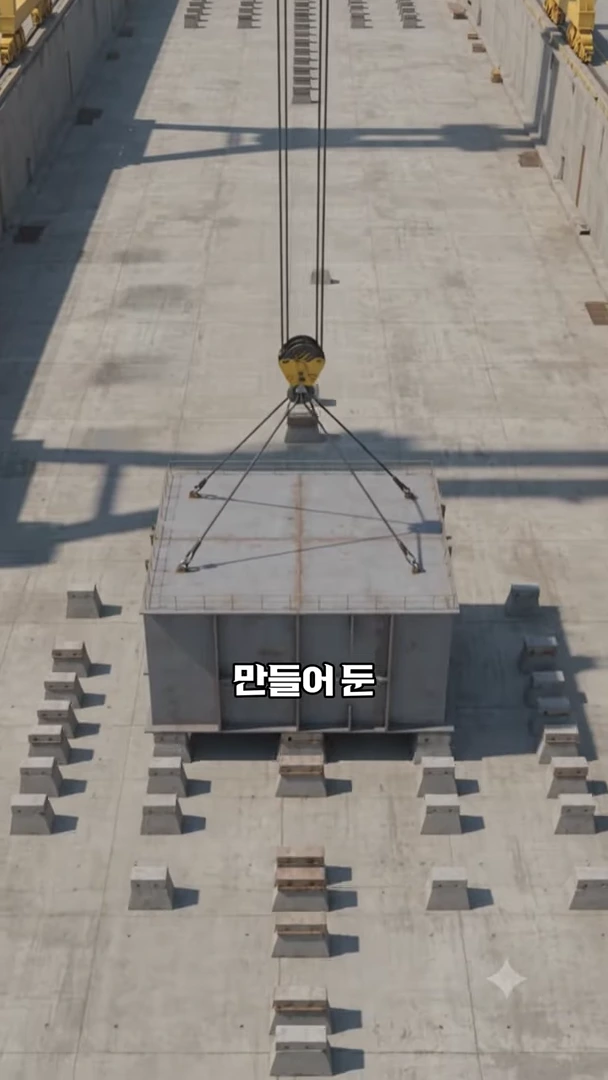 조선소의 거대한 빈 구덩이 바닥에 설치된 지지대 위로 거대한 금속 블록이 크레인에 매달려 내려오는 모습을 위에서 내려다본 장면입니다.