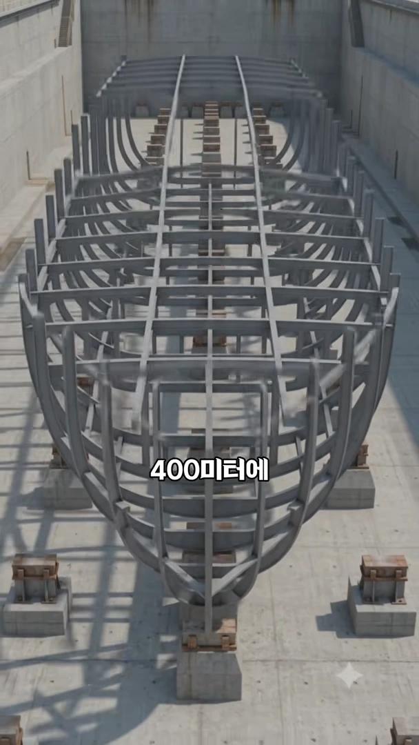 드라이도크 안에서 건조 중인 초대형 선박의 거대한 철제 뼈대 구조물이 공중에 떠 있는 것처럼 보이며, 하단에는 400미터라는 자막이 배치되어 있습니다.
