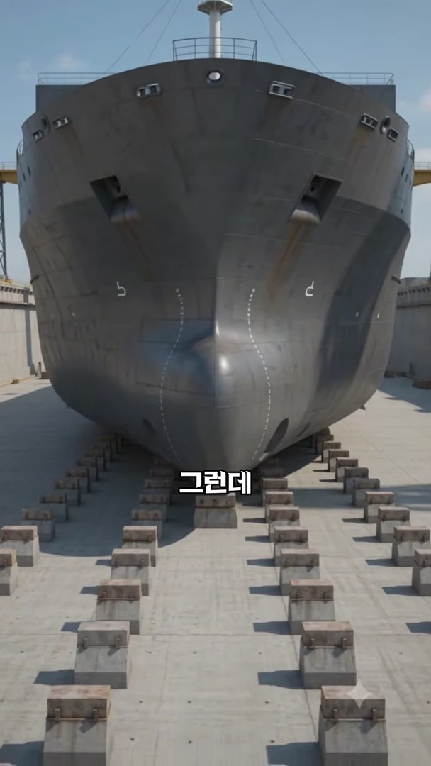 거대한 선박의 선수 부분이 마른 지면 위 지지대 위에 놓여 있고, 화면 하단 중앙에 '그런데'라는 자막이 떠 있는 모습.