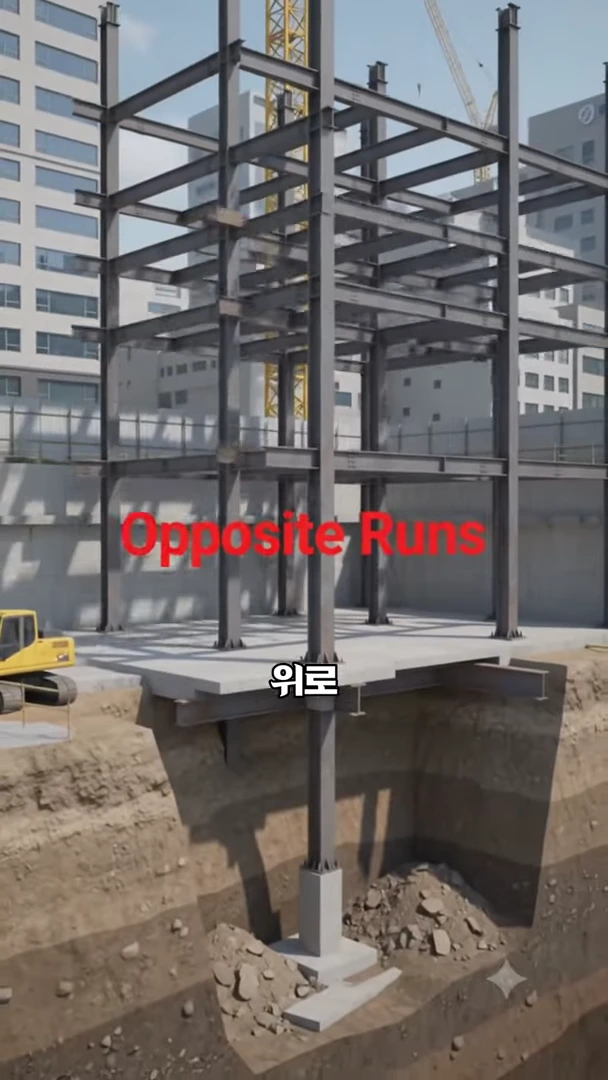 도심 공사 현장을 절단면으로 보여주는 3D 그래픽으로, 지상에는 철골 기둥이 세워져 있고 지하에는 흙이 파여진 가운데 콘크리트 기초와 기둥이 연결된 모습.