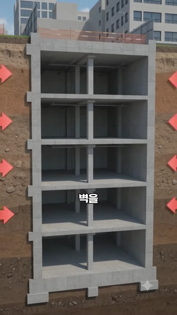 지하 굴착 현장을 단면으로 보여주는 3D 그래픽으로, 건물의 각 층 바닥판이 양옆의 흙벽을 지탱하는 버팀대 역할을 하며 층층이 쌓여 있는 모습입니다.