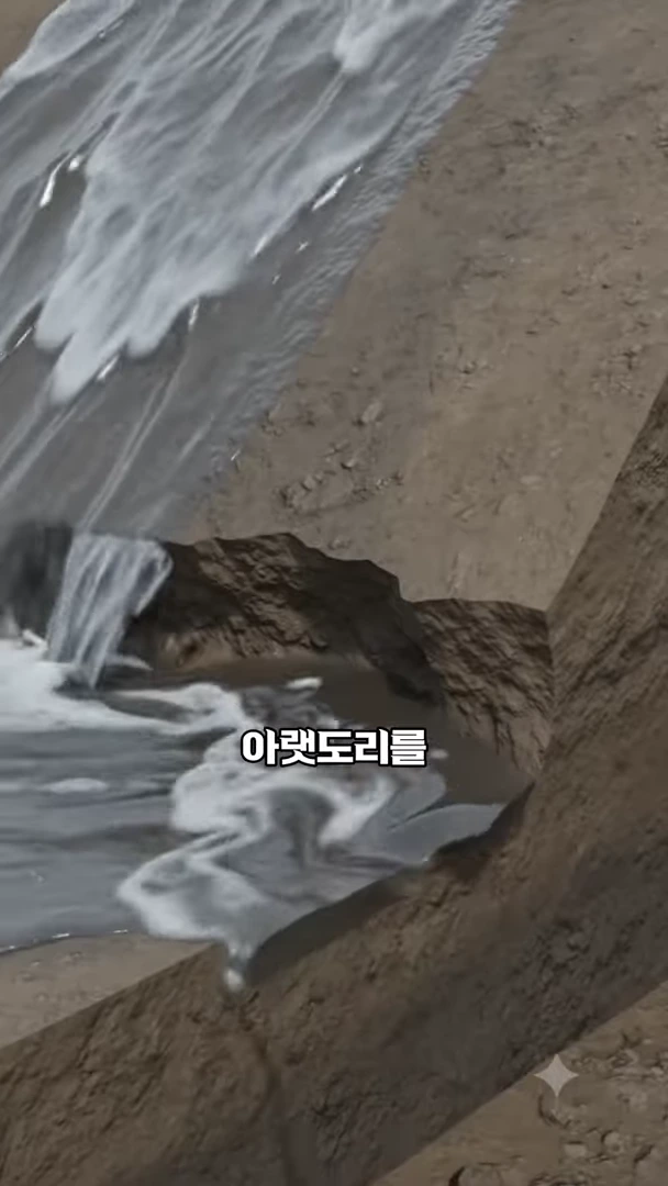 가파른 절개지의 경사면을 따라 빗물이 아래로 흘러내리며 흙을 깎아내는 모습을 보여주는 그래픽 자료.