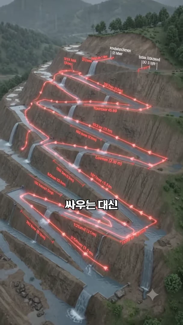 계단식으로 깎인 산비탈에 붉은색 선과 화살표로 물길과 층별 구조가 표시된 그래픽 이미지