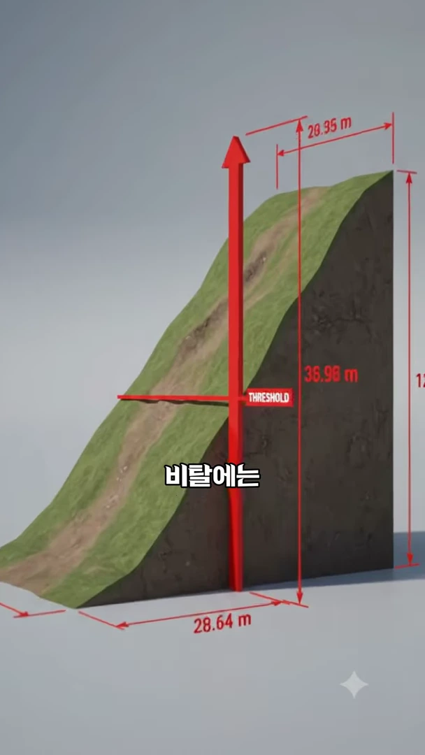 도로 절개지의 경사면 구조를 보여주는 3D 그래픽으로, 비탈 중간에 가로로 움푹 들어간 소단 구간이 빨간색 선으로 표시되어 있고 각종 치수가 기입되어 있음.