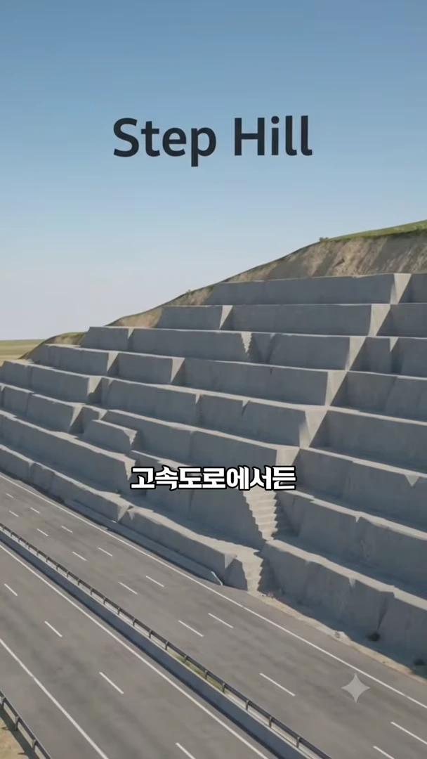 도로 옆으로 거대한 계단식 구조를 가진 산비탈이 보이고 상단에는 Step Hill이라는 글자가, 화면 중앙에는 고속도로에서든이라는 한국어 자막이 합성된 영상 화면입니다.