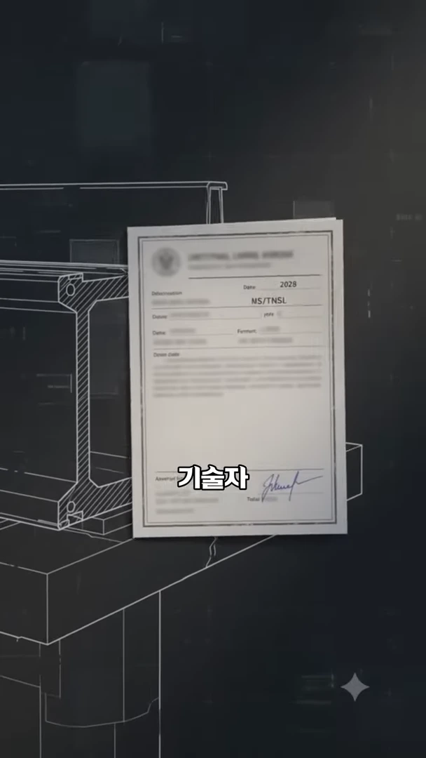 공학 설계 도면을 배경으로 중앙에 공식 문서가 배치되어 있고, '기술자'라는 자막이 하단에 표시된 화면입니다.