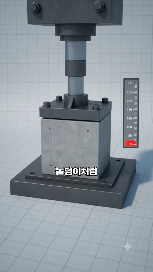 실험실 배경에서 기계가 콘크리트 블록을 수직으로 강하게 누르고 있는 3D 그래픽 영상으로, 옆에 수치를 나타내는 막대 그래프가 표시되어 있습니다.