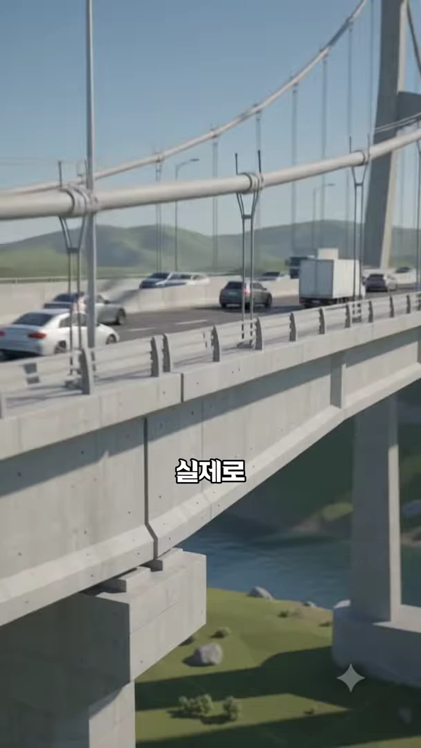 도로 위를 달리는 차량들과 교량의 교각, 케이블이 보이는 3D 그래픽 영상 장면