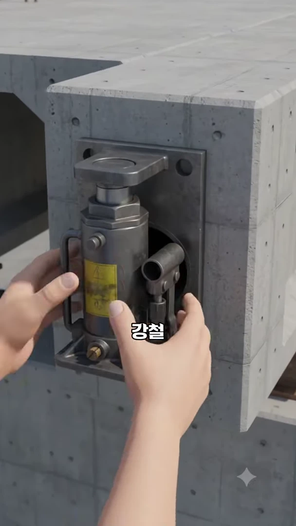 두 손으로 콘크리트 구조물 끝부분에 설치된 금속제 유압 장치를 잡고 있는 모습이 담긴 그래픽 화면입니다.