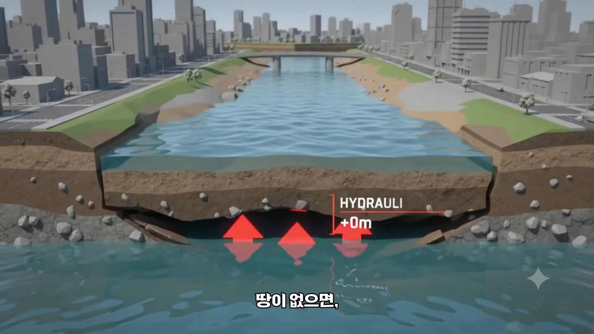 한강의 단면을 보여주는 3D 그래픽으로, 강바닥 아래로 수위가 오르내리는 모습을 화살표와 함께 나타내고 있습니다.
