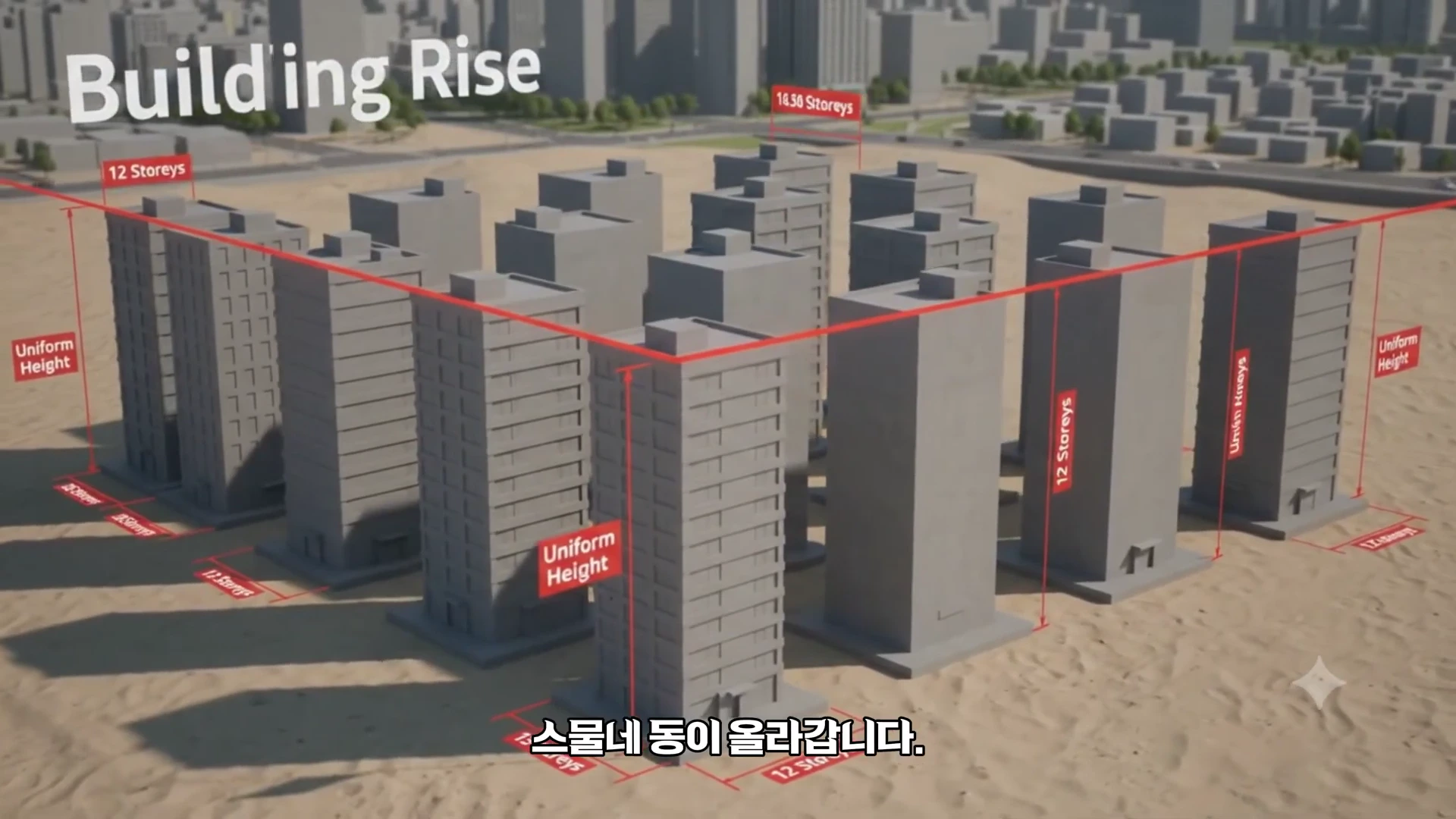 평평한 모래 벌판 위에 일정한 높이의 회색 사각형 건물들이 격자형으로 배치된 3D 그래픽 모델, 건물마다 층수와 높이를 나타내는 붉은색 안내선과 문구가 표시되어 있다.