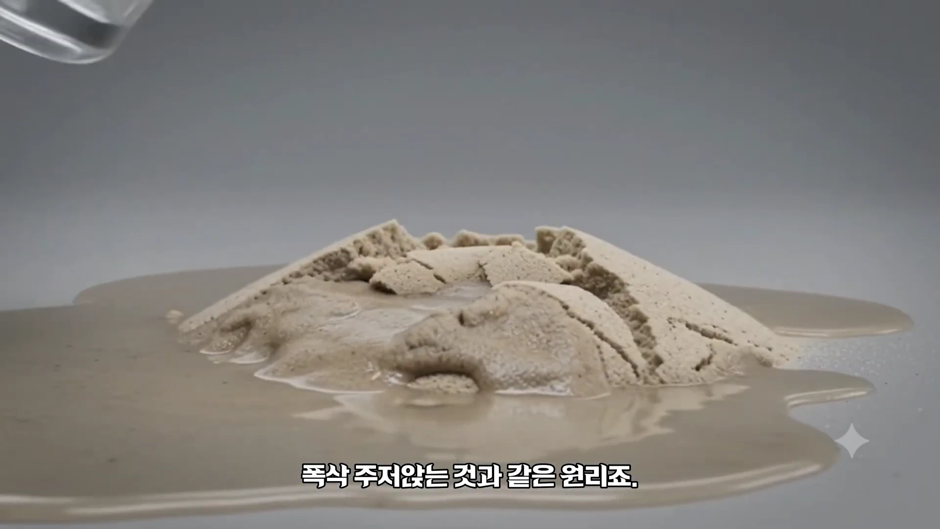 회색 바탕 위에서 물이 부어지자 모래 언덕이 서서히 무너져 내리는 모습을 보여주는 실험 화면