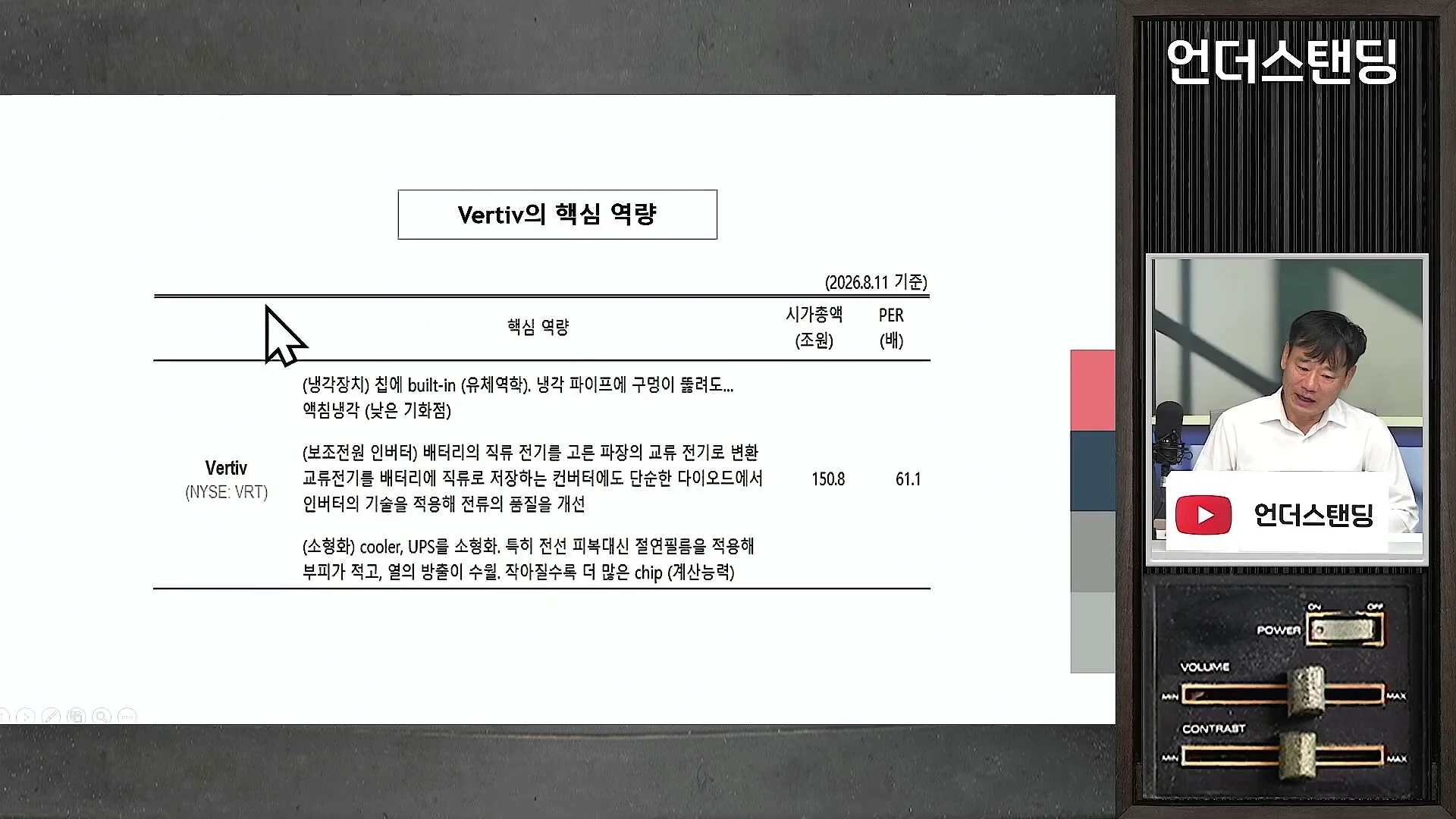 화면 좌측에는 'Vertiv의 핵심 역량'이라는 제목으로 액체 냉각, 보조전원 인버터, 소형화 기술에 대해 설명하는 표가 있고, 우측에는 정장을 입은 남성이 마이크 앞에서 설명하는 모습이 담긴 방송 화면입니다.