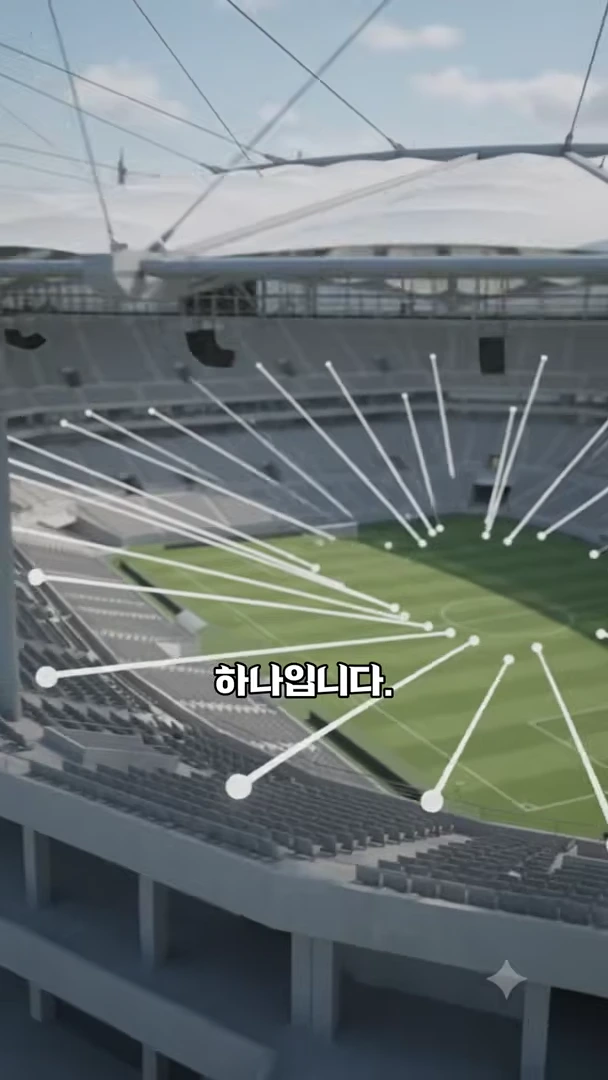 서울 월드컵 경기장의 내부 모습과 지붕 구조를 보여주는 그래픽 화면으로, 관중석에서 그라운드 중앙을 향해 뻗어 나가는 시야각을 나타내는 하얀색 선들이 표시되어 있습니다.